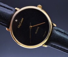 Vtg OLEG CASSINI Watch Men Gold Tone Black Dial Leather NEW BATTERY & BAND