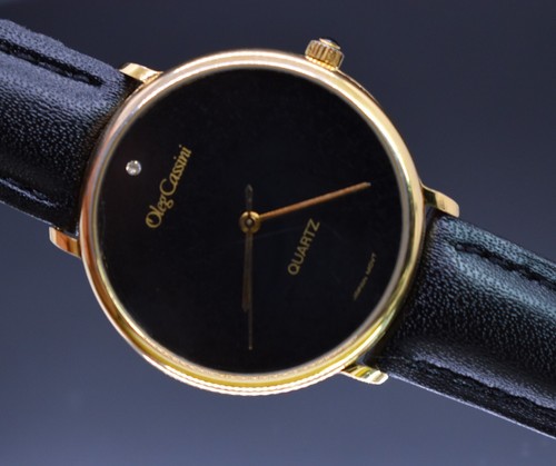 Vintage Oleg Cassini Herrenuhr goldfarben schwarzes Zifferblatt Leder neue Batterie & Band