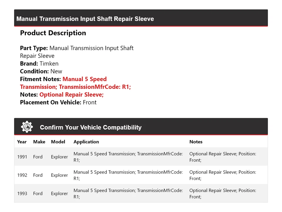 适用于 1991 - 1993 年福特探险者手动变速输入轴维修套前铁姆肯公司 — 第 2/4 张图片
