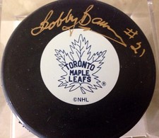 BOBBY BAUN AUTOGRAPHED TORONTO MAPLE LEAFS HOCKEY PUCK
