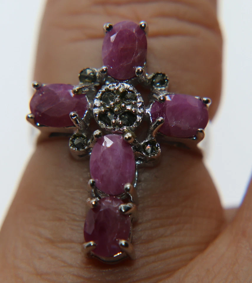 anello argento 925 radice di rubino marcasite croce misura 20 etnico vintage - Immagine 3 di 3