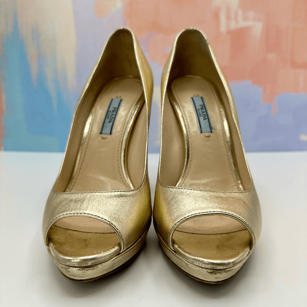 Prada Gold Platform Peep Toe Pump Heels Size 37.5 w  display picture 1