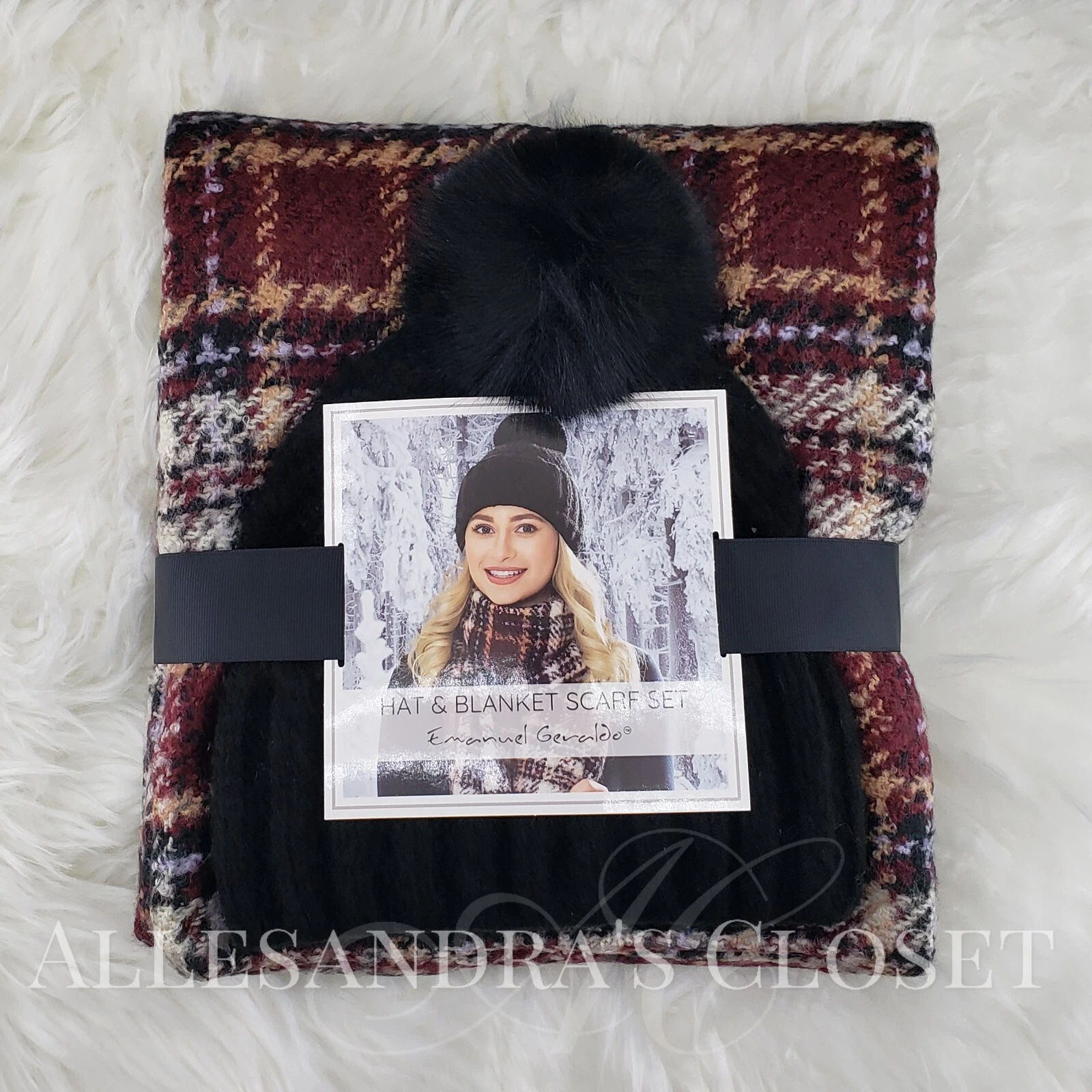 Emanuel Geraldo Hat Beanie & Scarf Set Black Red Plaid Fringe Gift Outdoor!