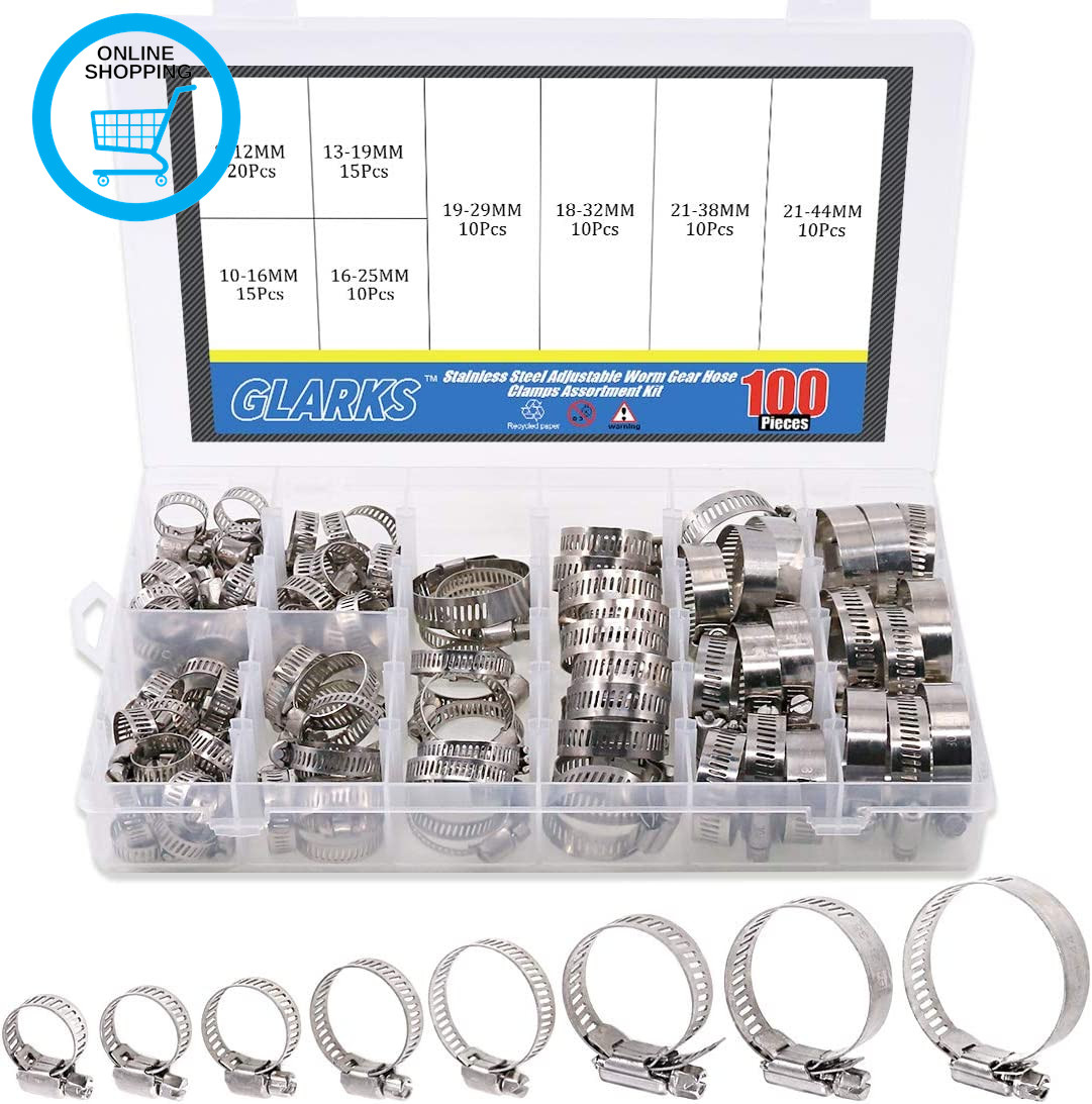 100Pcs Adjustable 8-44Mm Range 304 Stainless Steel Worm Gear Hose Clamps Assortm
