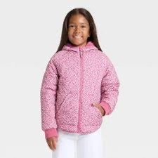 Cat Jack Girls Reversible Floral Puffer Jacket Pink Faux Fur Hooded Coat M 8