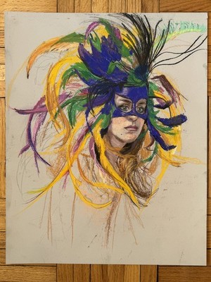 Rhoda Yanow Pastel Dancer Feather Mask Portrait Original Large 22.5x18