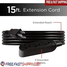 15ft Heavy Duty Extension Cord 3 Outlet Power Strip Grounded Indoor Outdoor Use