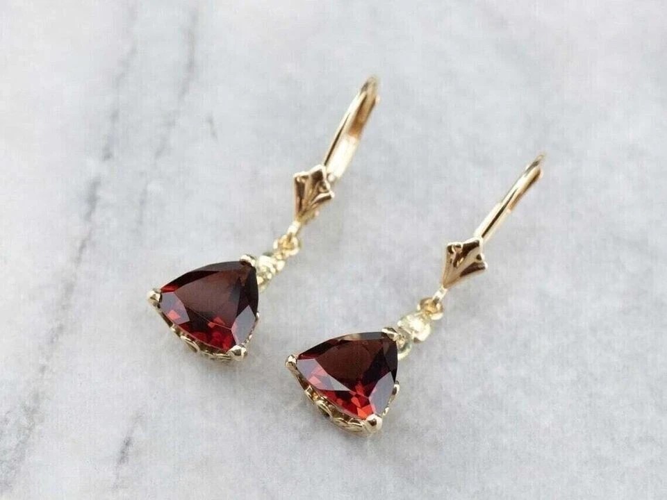 14K Yellow Gold Plated Drop Dangle Earring 2Ct Trillion Cut Simulated Red Garnet