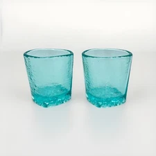 Pair Fire and Light On The Rocks Aqua Glasses Recycled Blue Signed