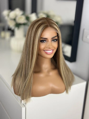 Hervorgehobene Brondie blond warm braun Lace Bob 16" 100% Echthaar Glatthaar Perücke - Bild 5 von 13