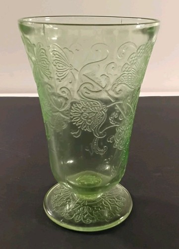 Vintage Green Glass Footed Tumbler Cups 'Florentine' About 4.75" Set Of 2 - Picture 3 of 12