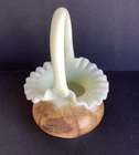 Fenton Hand Painted Ruffled Basket Satin Yellow Custard Log Cabin Signed Glows