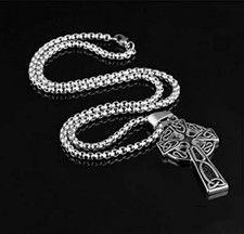 Men's Retro Silver Plated Celtic Cross Pendant Box Chain Necklace 60cm