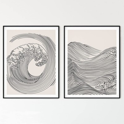 Japanese Wave Poster Abstract Wall Art Minimalist Print Abstract Ocean Art Bl...