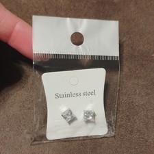 Stainless Steel Square Stud Earrings Silver Clear Princess Stone Prong Butterfly