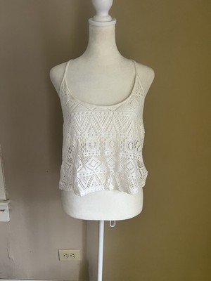 BOHO White Crochet Cotton Cropped Tank, Racerback, Sleeveless, Women