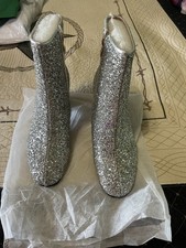 Silver Glitter Ankle Bootie Zip Block Heel Round Toe Women's Boots
