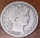 1907 P 50C Barber Silver Half Dollar, Album Filler,  VG Condition, Barb-0725