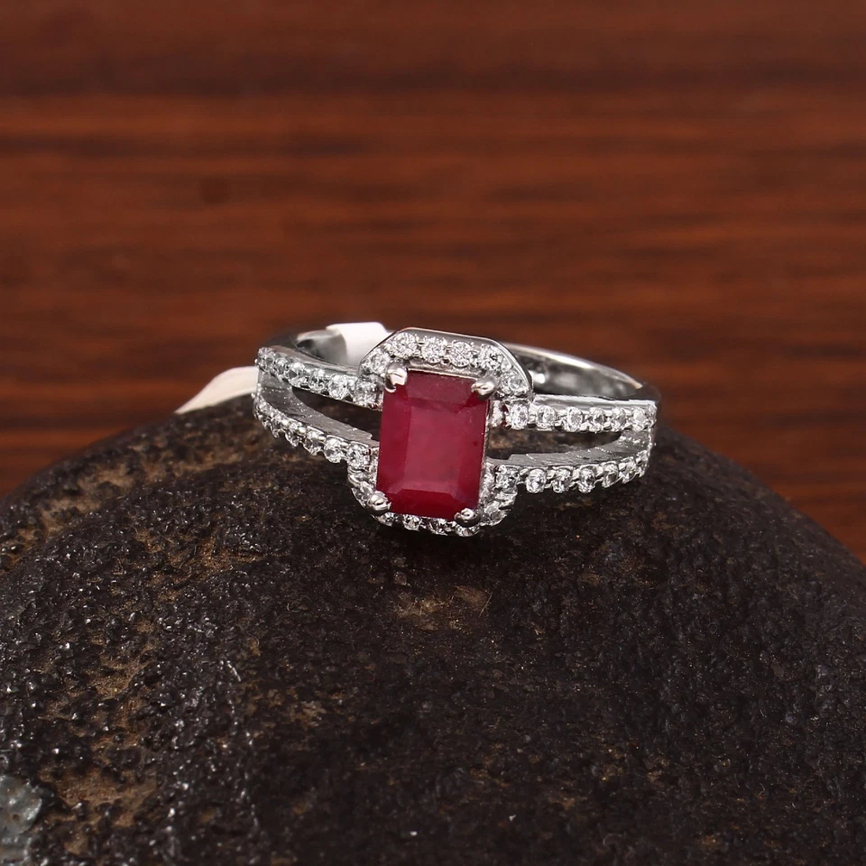 Ruby Engagement Ring Emerald Cut Red Gemstone with Diamond Halo 925 Silver Gift - Image 3 of 4