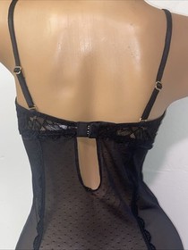 VTG VICTORIAS SECRET BLACK SLIP BODY CON MESH GARTERS UNDERWIRE 36C NIGHTIE #L80