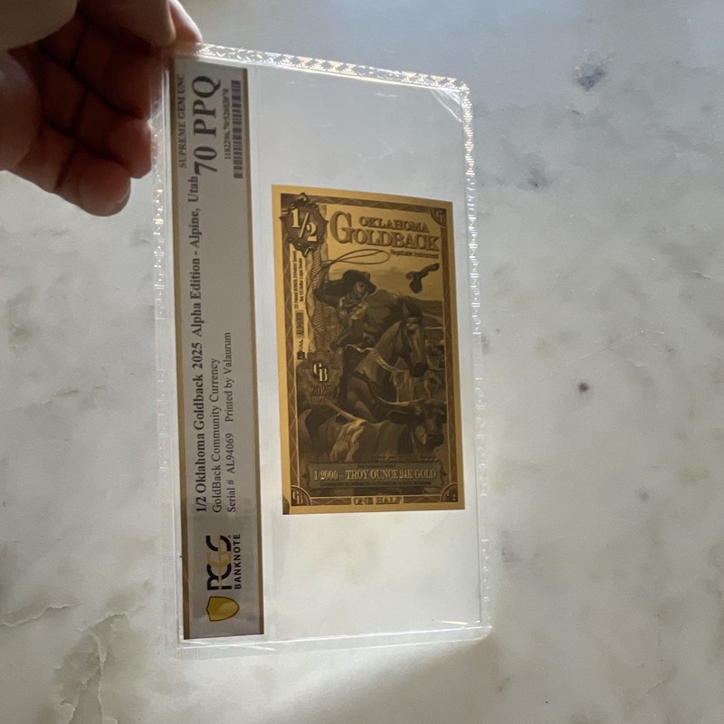 GoldBack 2025 Oklahoma Goldback 1/2 Gold Alpha Edition Graded PCGS 70 PPQ
