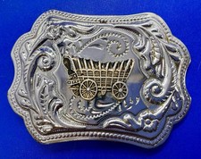 Western Covered Wagon Carriage Flower Swirl Ornate Two Tone Belt Buckle