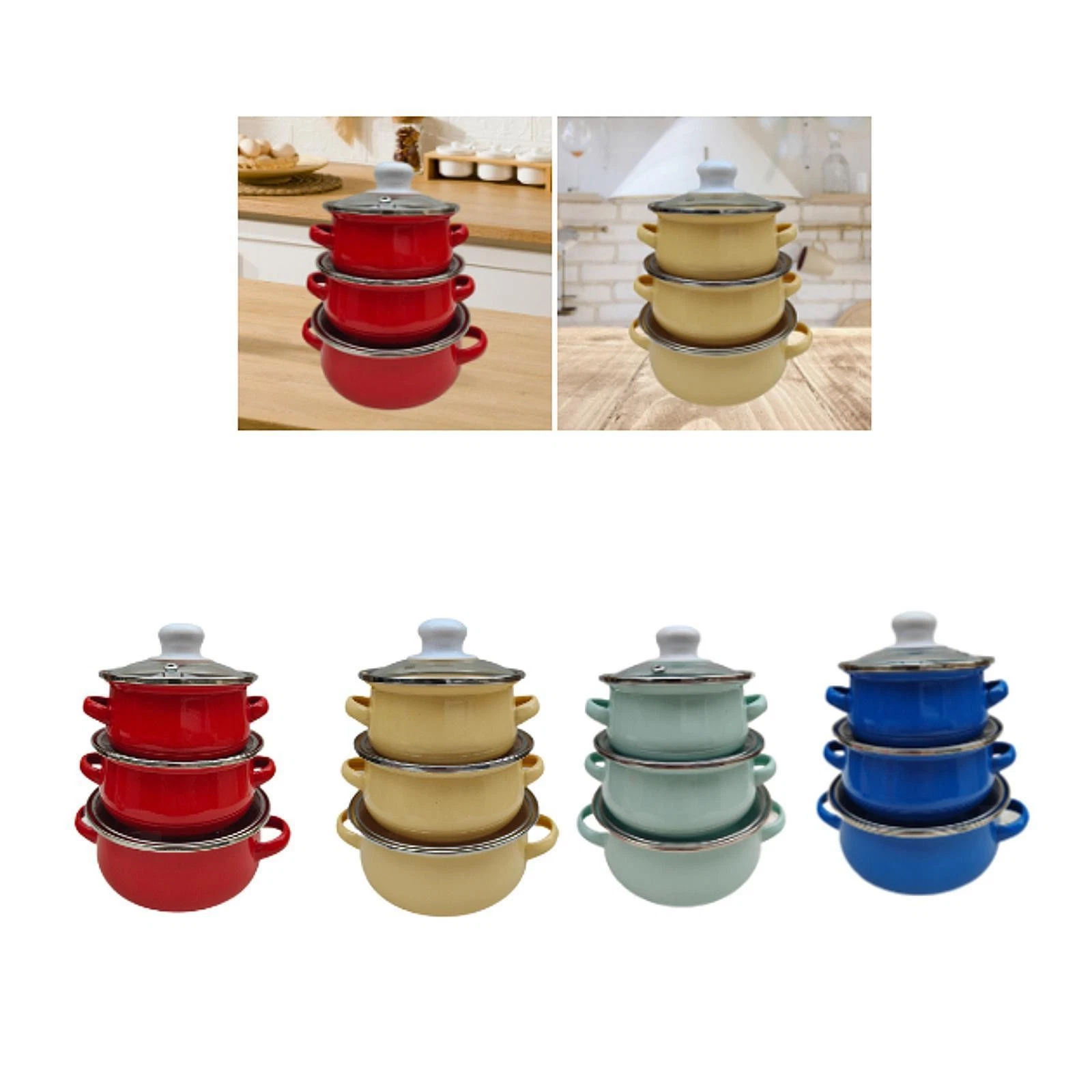 3 Pieces Enamel Stock Pots with Double Handles Kitchen for Induction Cookers Gas