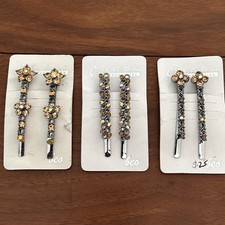 Rhinestone Crystal AB Bobby Pins Barrette Hair Clips Brown 3 Sets Fairy Vtg Look