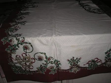 Sun Weave Linen Corp 2 Christmas Tablecloths Holly Berries/French Horn /Ribbons