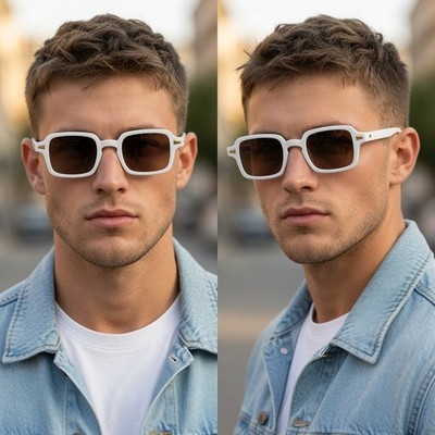 Mens White Square Sunglasses Brown Gradient Lens UV400 Retro Geometric Shades