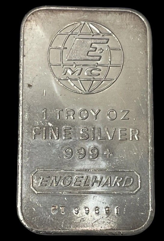 Vintage 1981 Engelhard Logo 1 Oz .999 Fine Silver Art Bar MC Obverse EI-10  T4