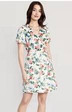 Old Navy Womens Floral V Neck Puff Sleeve Wrap Linen Blend Dress Sz Lg NWT