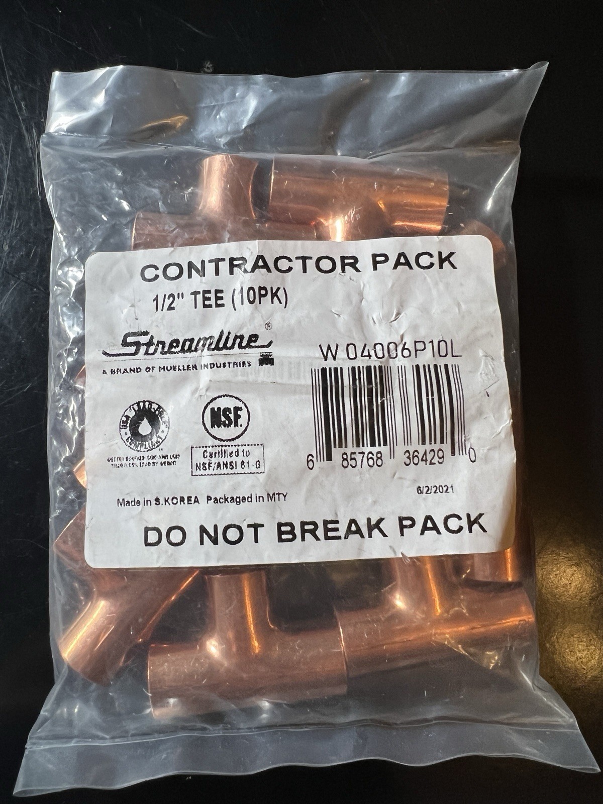 10 Pack Streamline 1/2" Copper Tee W04006P10 ½” x ½” x ½” Sweat Tee