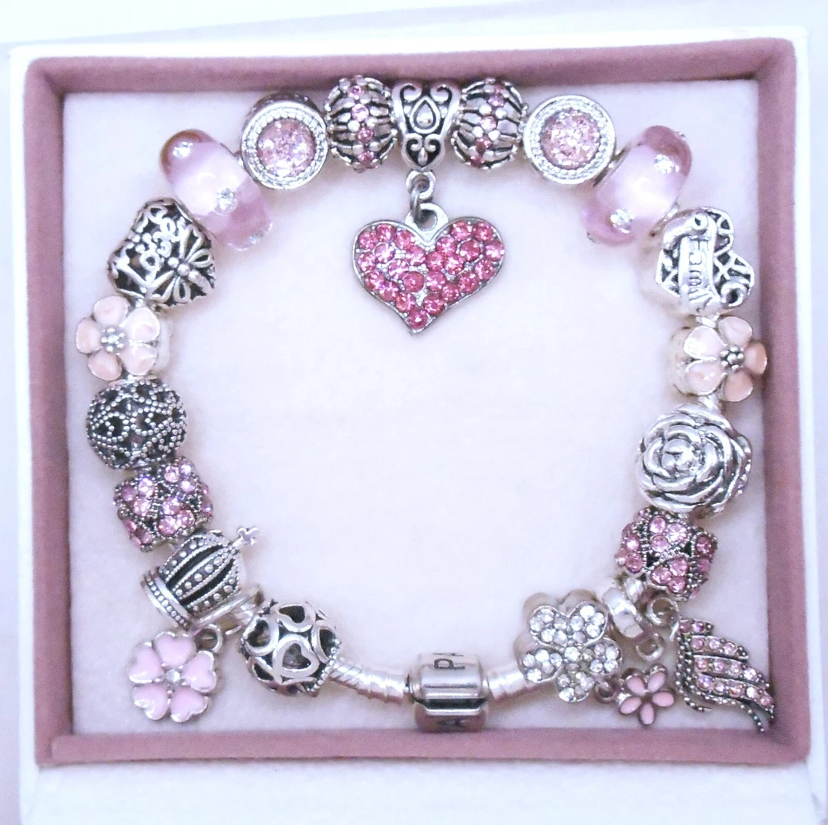 PANDORA SILVER CHARM BRACELET WITH PINK CRYSTAL HEART LOVE FAMILY CHARMS &  BOX!