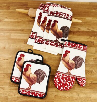 Kitchen Linen 8 pc Set Rooser Towels Oven Mitts Pot Holders Washclothes Kitchen Linen 8 pc Set Rooser Towels Oven Mitts Pot Holders Washclothes