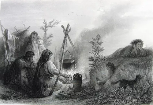 Travelling GIPSY GYPSY FAMILY Cooks BY CAMP FIRE ~ Old 1882 Art Print Engraving