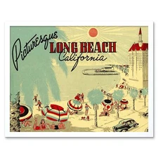 Postcard Picturesque Long Beach California Beach 12X16 Inch Framed Art Print