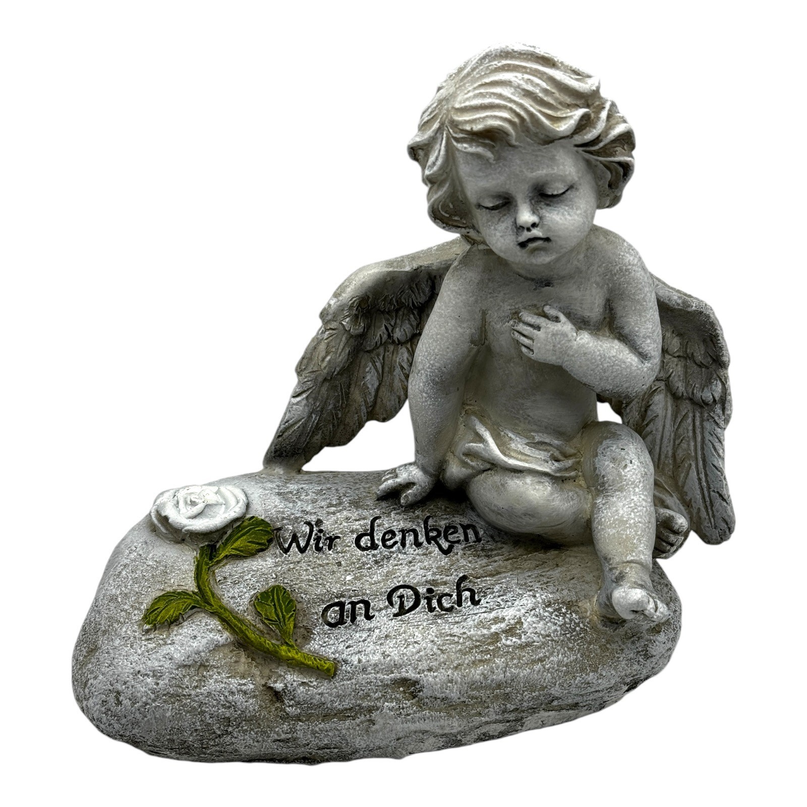 Grabschmuck Engel auf Spruchstein "Wir denken an dich" grau Grabdeko Friedhof