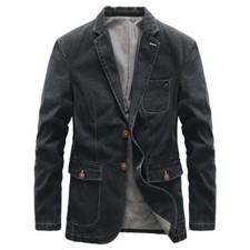 Mens Denim Suit Jacket Slim Fit Casual Notch Lapel Blazer Coat Vintage Fashion