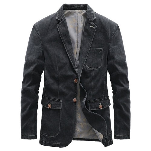 Giacca uomo denim blazer casual tuta effetto invecchiato cotone jeans cappotto outwear slim - Foto 13 di 14