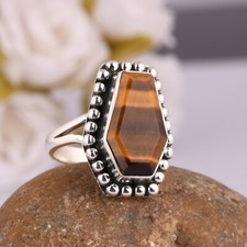 Handmade Gemstone Jewelry Silver Oxidized Coffin Ring With Tiger Eye Gemstone
