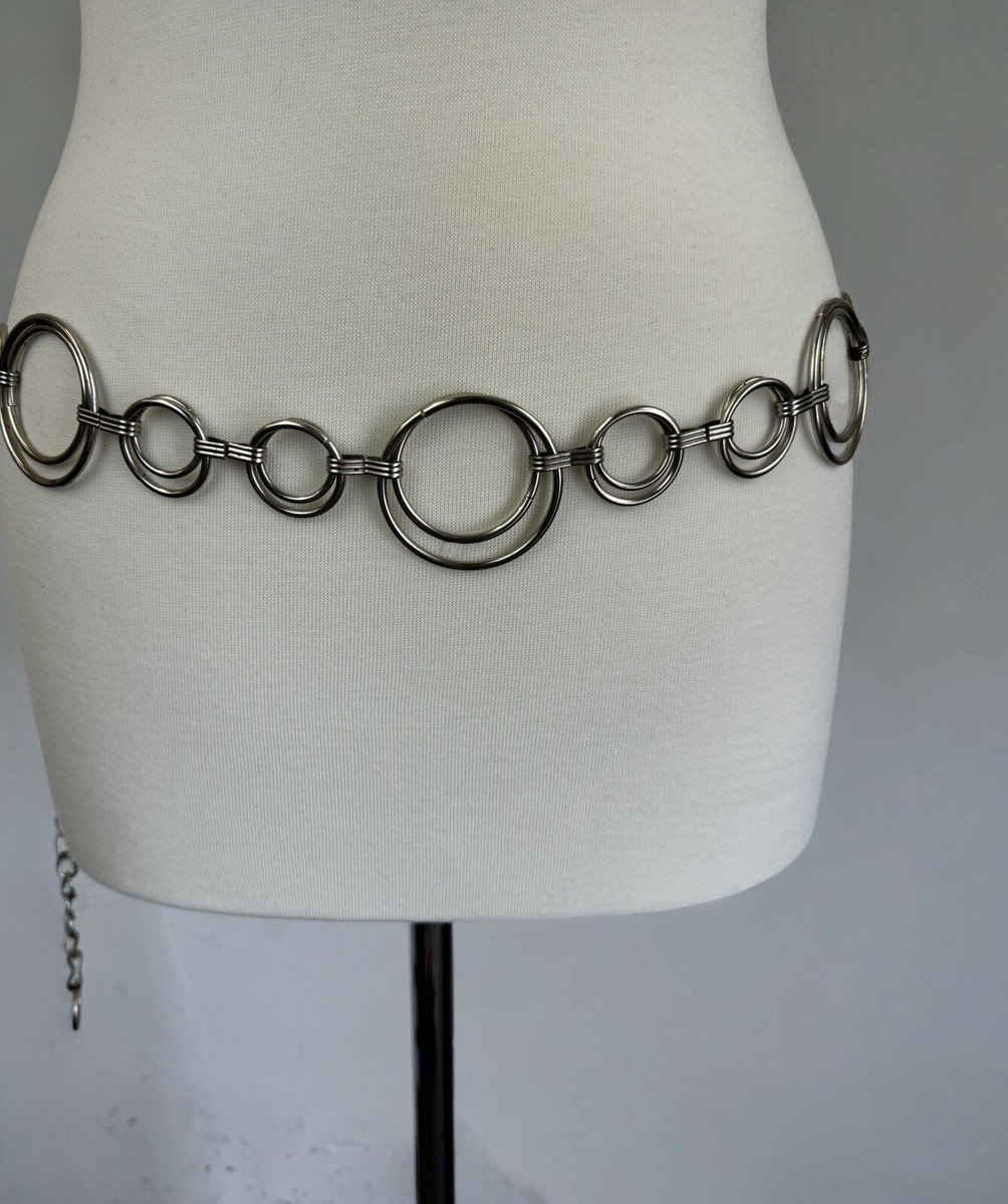 Vintage y2K statement belt Silver Tone Open Circle Ring Link Chain womens XL Y2K Silver Tone Circle Chain Link Belt 34 main image 3