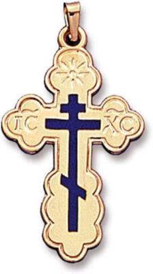14 KT Gold St Olga Cross Blue Enamel Three Bar Cross Lobe Pendant For Men 2 In