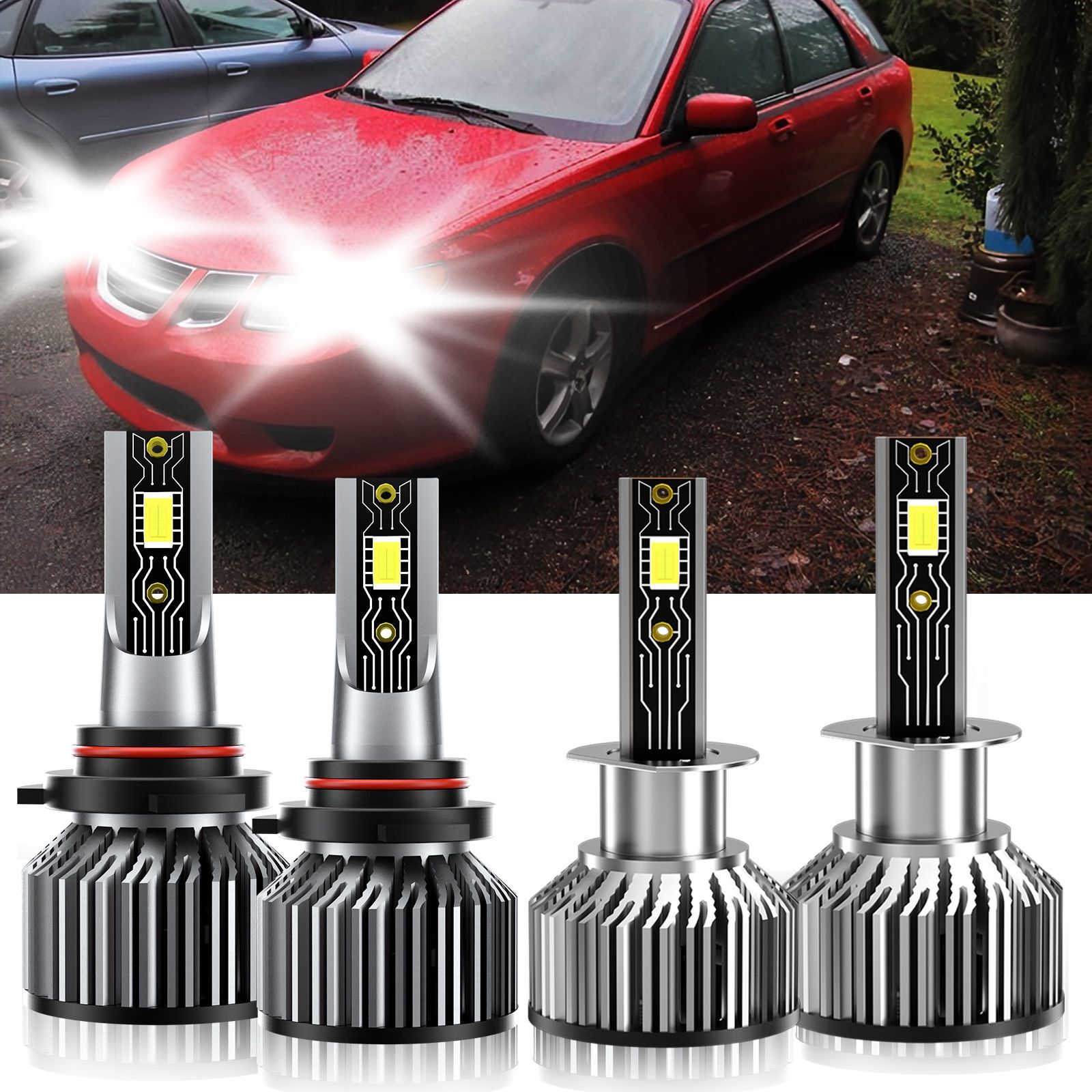 For Saab 9-2X 2005-2006 4x LED Headlight Bulbs High Low Beam Kit 9005+H1 6500K