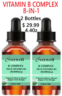 2 x 2.2oz Vitamin B Complex Liquid Drops Organic: B12,B9,B8,B7,B6,B5,B3,B2,B1