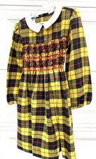 VTG Polly Flinders Yellow Big Plaid LS Dress w Fancy Hand Smocking Size 7 MODEST