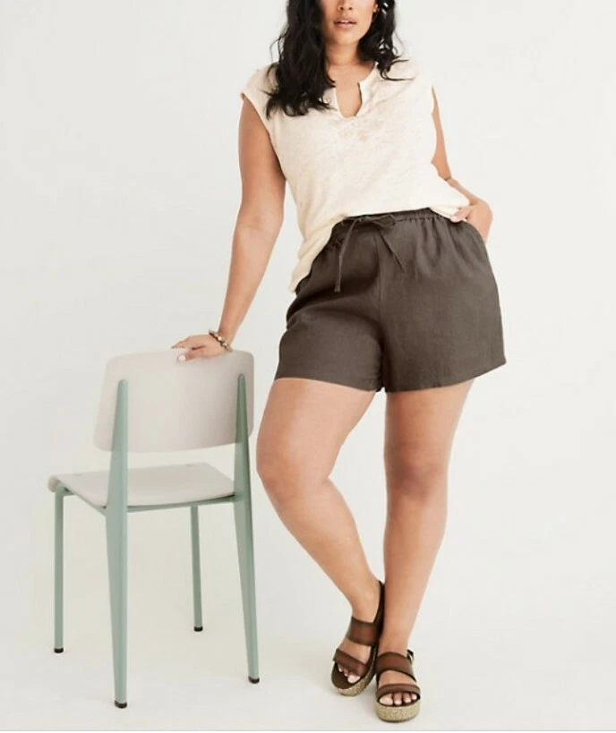 Ryllace 100 Linen Shorts Tie Waist Brown Pockets Womens Plus Size