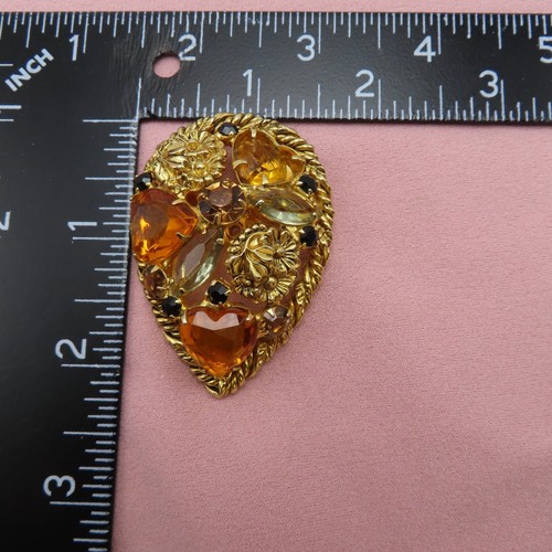 Vintage Rhinestone Brooch Pin AB Orange Black Faceted Crystal 2.25 in Heart 197f - Picture 9 of 9