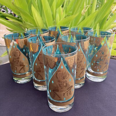 MCM Fred Press Gold Turquoise Dancing Siamese Hindu Indian Tumbler Glasses