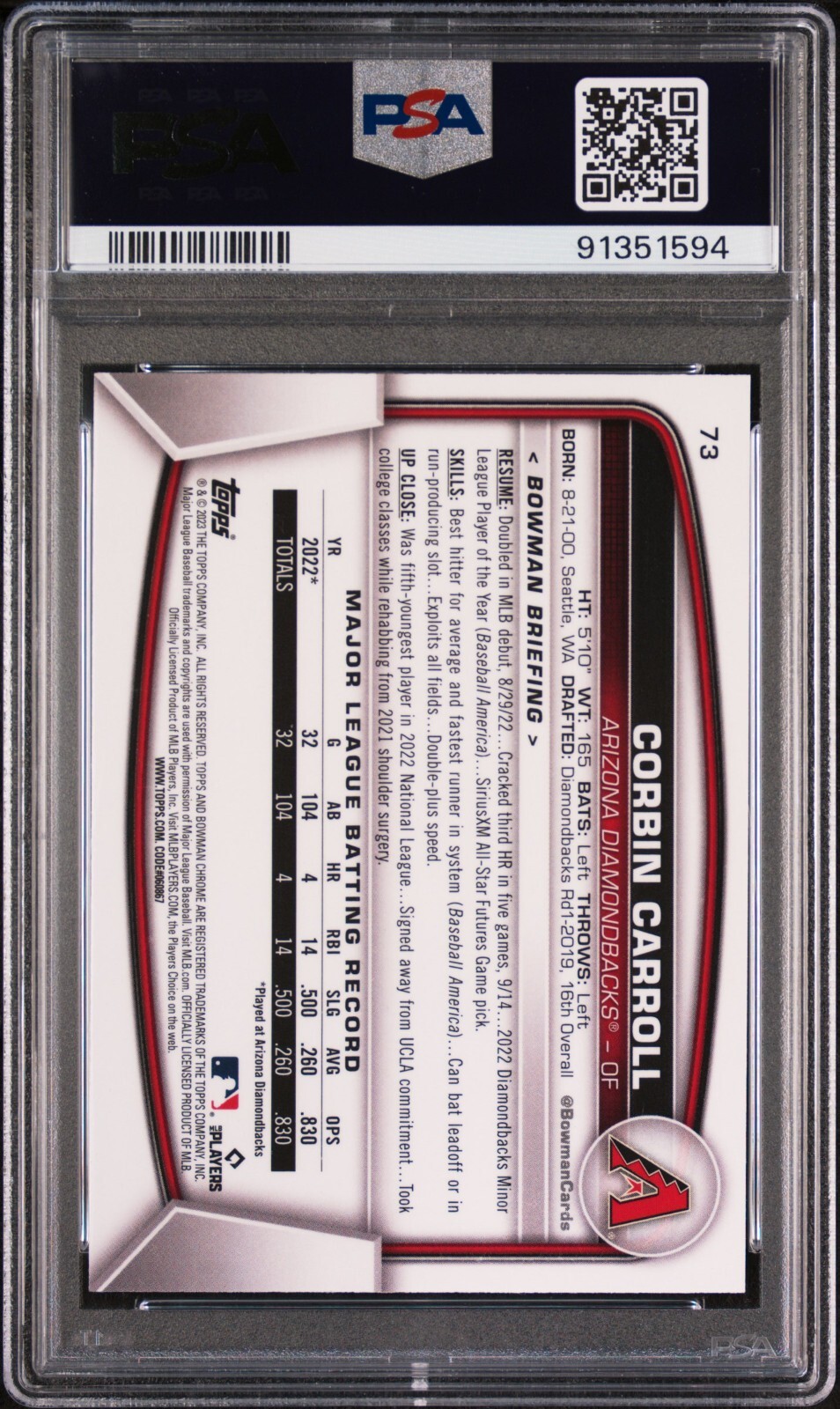 2023 Bowman Mega Box Chrome CORBIN CARROLL PSA 10 GEM MINT Mojo Refractor view 2